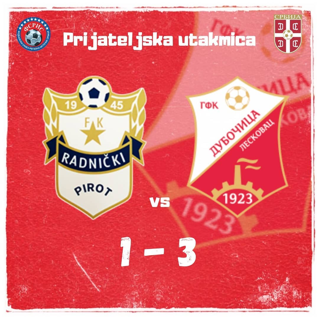 FK „DUBOČICA“ pobedila pirotski Radnički u gostima: 1:3, dva gola dao Dušan Savić, jedan Vasilije Martinović