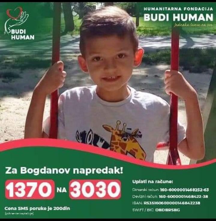 Budi human: Pomozimo sedmogodišnjem Bogdanu Milenkoviću iz Vinarca za lečenje u Japanu