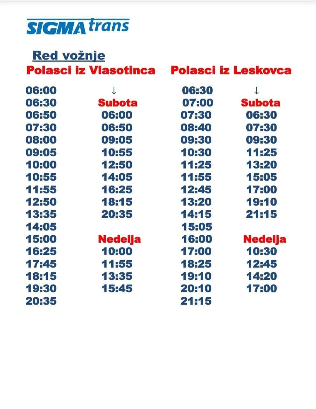 Sigma-trans: redovni red voženje Leskovac – Vlasotince Sigma-trans: redovni red voženje Leskovac – Vlasotince